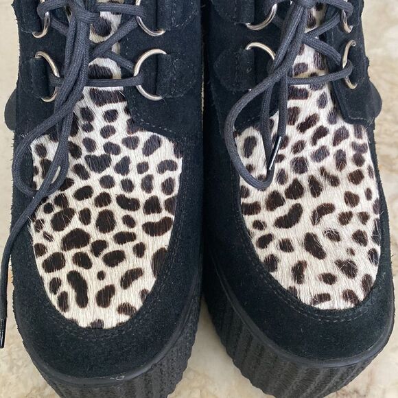 UNDERGROUND Black Leather & Leopard Bovine Fur Platform Wedge Creepers - Picture 5 of 15